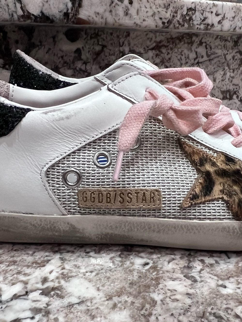Golden Goose White Leather Sneakers with Pink Laces and Leopard Star Accent